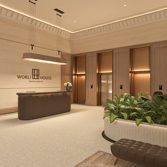 Grand double-height 20-foot luxury lobby with refined architectural interiors and elegant arrival experience
