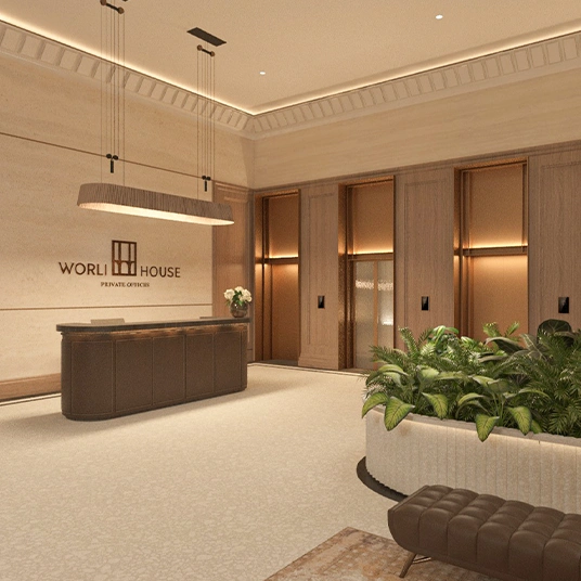 Grand double-height 20-foot luxury lobby with refined architectural interiors and elegant arrival experience