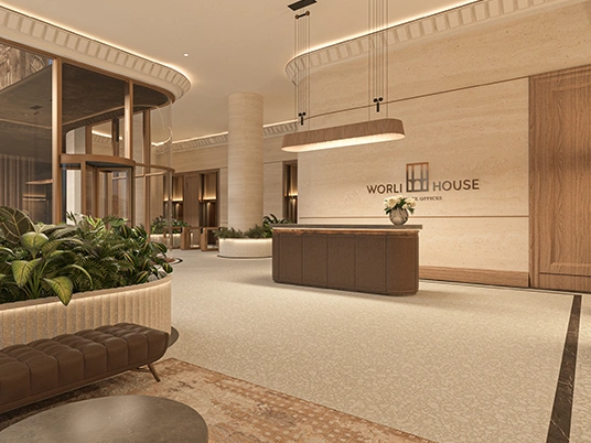 Grand double-height 20-foot luxury lobby with refined architectural interiors and elegant arrival experience