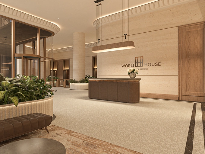 Grand double-height 20-foot luxury lobby with refined architectural interiors and elegant arrival experience