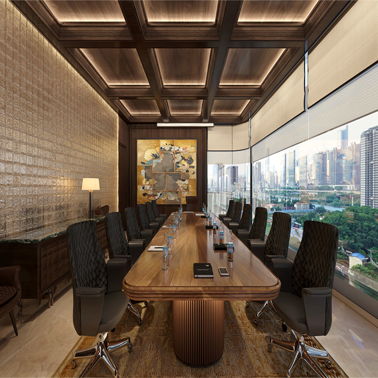 Interior view of a high-rise office floor with floor-to-ceiling glass windows overlooking a city skyline